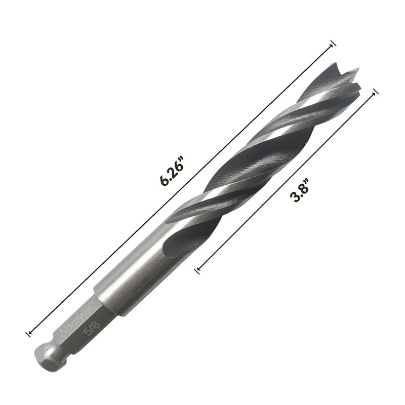 NordWolf 5/8"" Brad Point Wood Drill Bit, Double Flutes Design with 7/16"" Hex Shank for Drills & Impact Drivers - Image 2